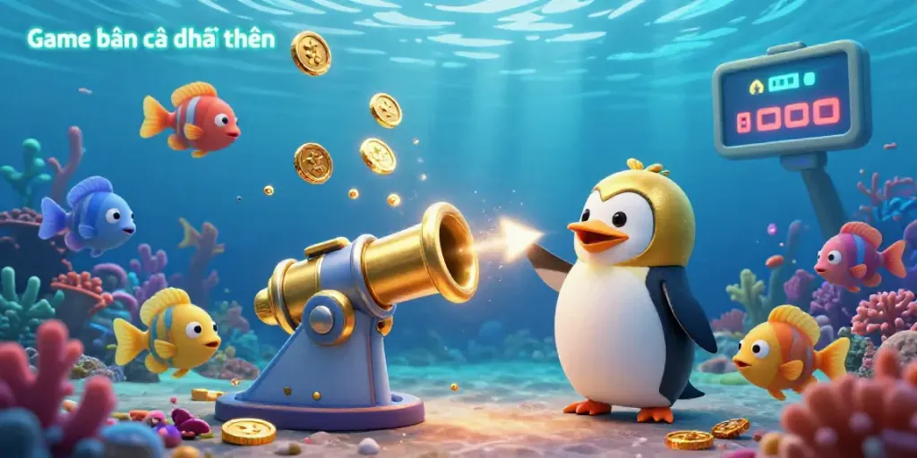 Engage with Game bắn cá đổi thưởng as a golden penguin navigates vibrant underwater challenges, maximizing rewards.