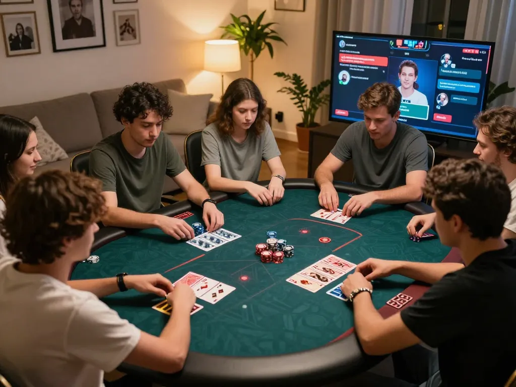 GK88 online casino players engaging in strategic poker gameplay, showcasing virtual avatars and cards.