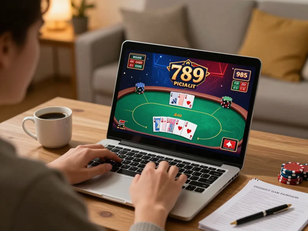 Engaging in 789 casino poker on a laptop at home with cards dealt and strategy notes.