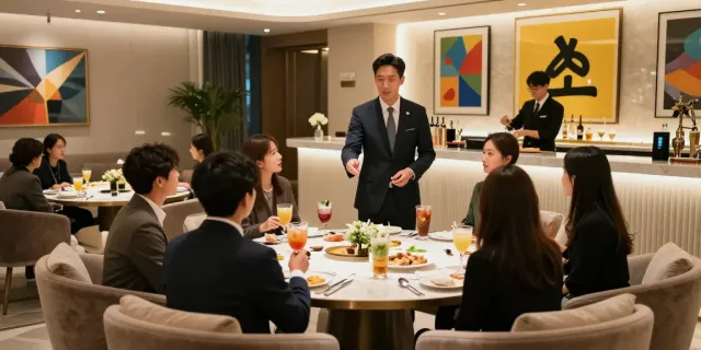 강남타이밍 쩜오의 고급스러운 룸에서 손님들과 대화하는 매니저 모습