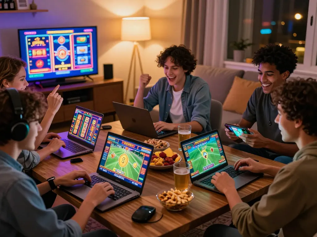 Exciting scene of friends enjoying nhà cái Goal123 casino games and sports betting together at home.