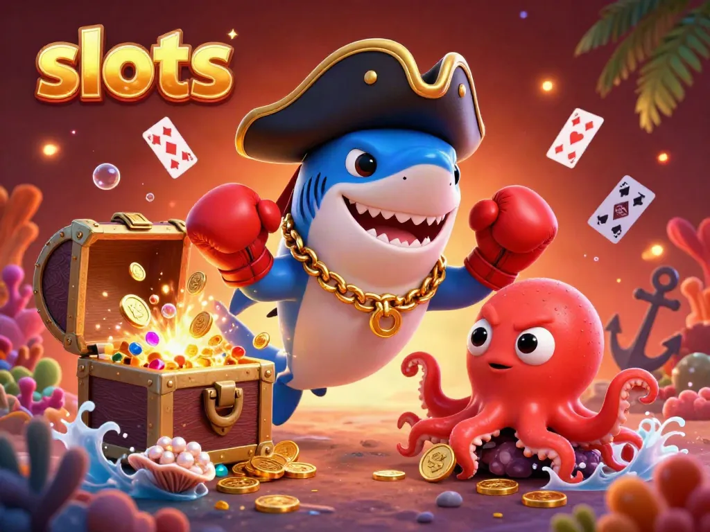 Experience thrilling slots action with pirate and underwater characters in a vibrant casino-themed scene.