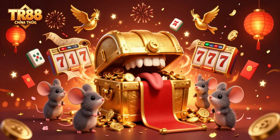 Play slots and win with TR88 CHÍNH THỨC, showcasing a vibrant treasure chest inviting players.