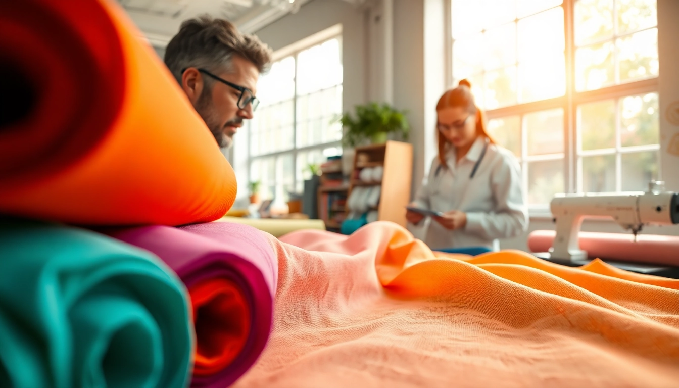 Bekijk viscose stoffen terwijl een expert ze analyseert in een moderne werkplaats.