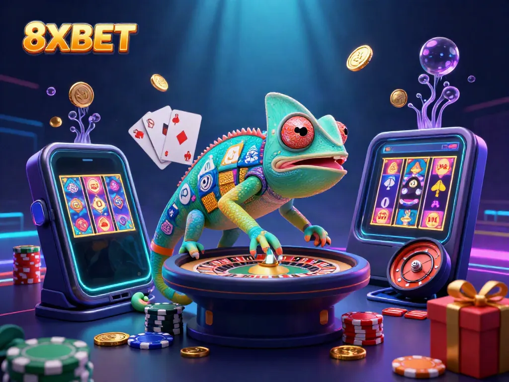 Engaging illustration of 8XBET's vibrant casino atmosphere with a colorful chameleon owner capturing golden coins.