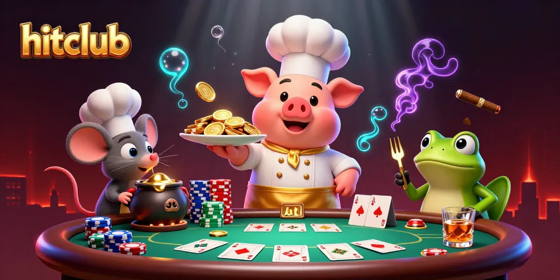 hitclub showcases a jovial chef pig presenting gold coins, highlighting exciting poker elements in a vibrant casino scene.