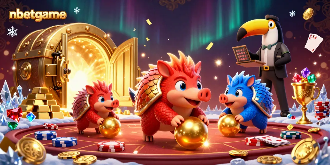 nbetgame showcases a thrilling scene of rival pangolins bowling through poker chips, emphasizing casino excitement.