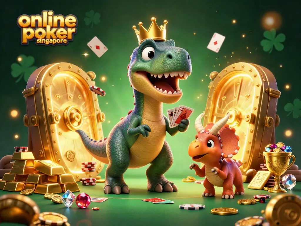 Experience online poker Singapore excitement with a T-Rex shuffling cards while stacking chips