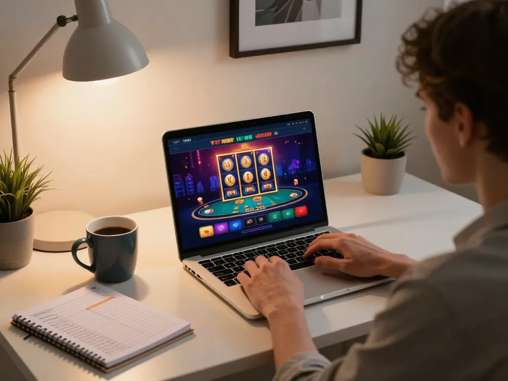 Engaging with 789win online casino on a stylish home office setup, focusing on strategic gameplay.