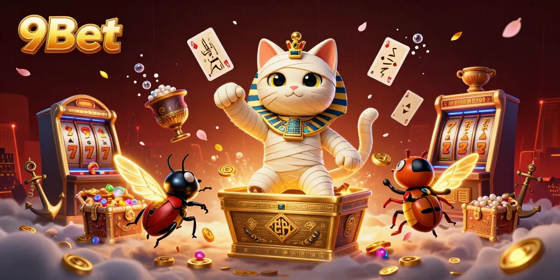 Experience the thrill of 9Bet with a vibrant casino scene featuring an Egyptian mummy cat!