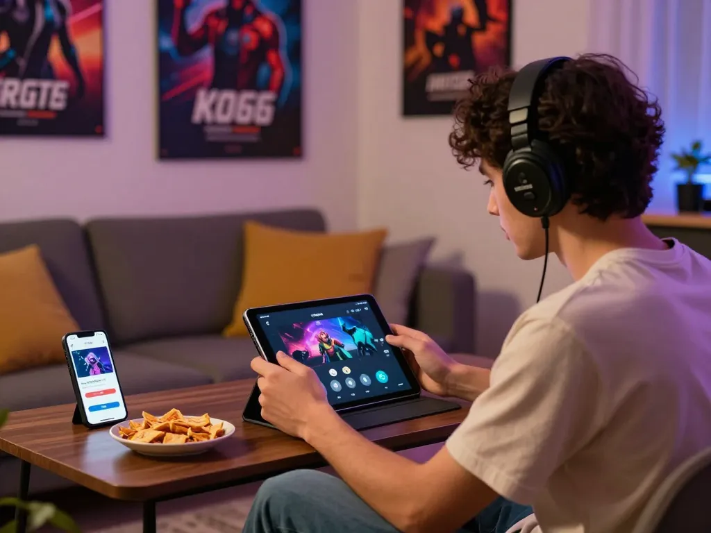 KO66 đăng nhập on a tablet in a cozy gaming setup with vibrant decor.