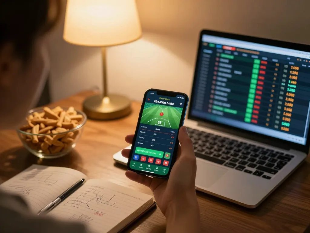 Nha cai uy tin mobile sports betting setup with a person engaging in live betting in a cozy environment.