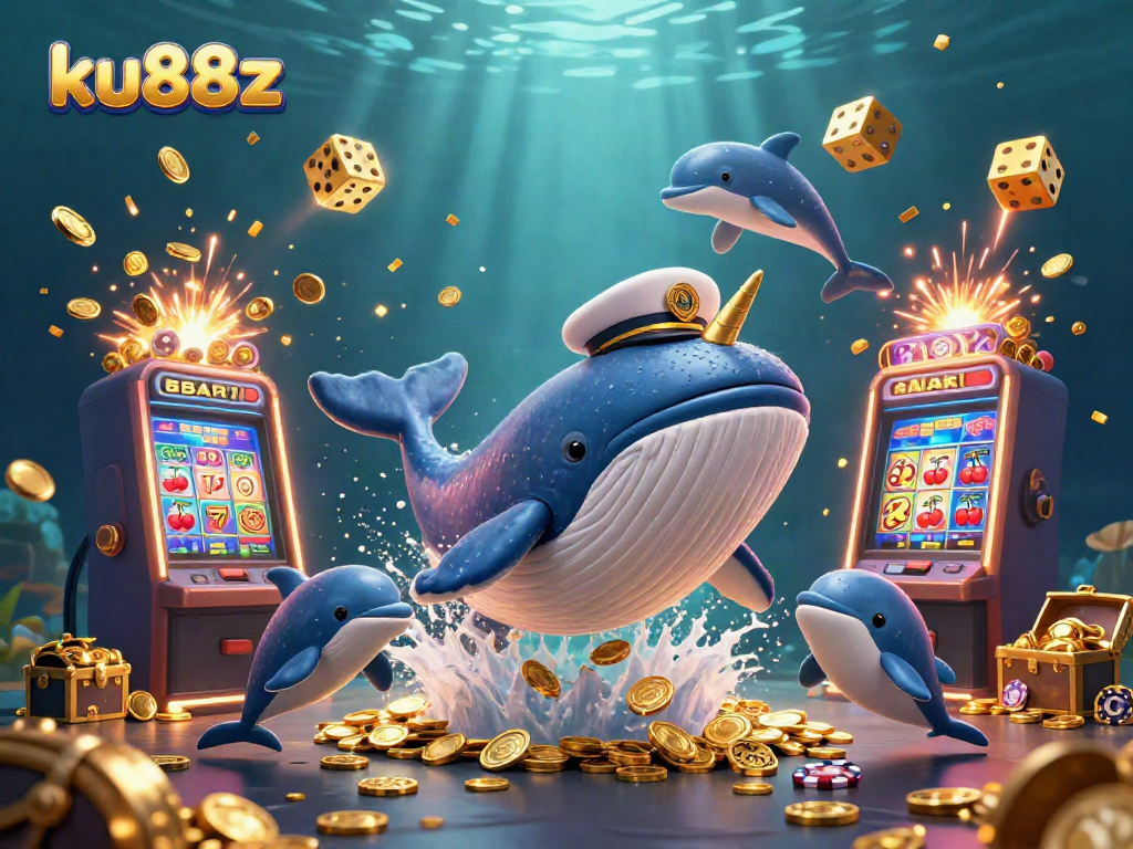 Playful underwater scene with ku88z brand showcasing a whale, narwhal, and dolphins surrounded by casino elements.