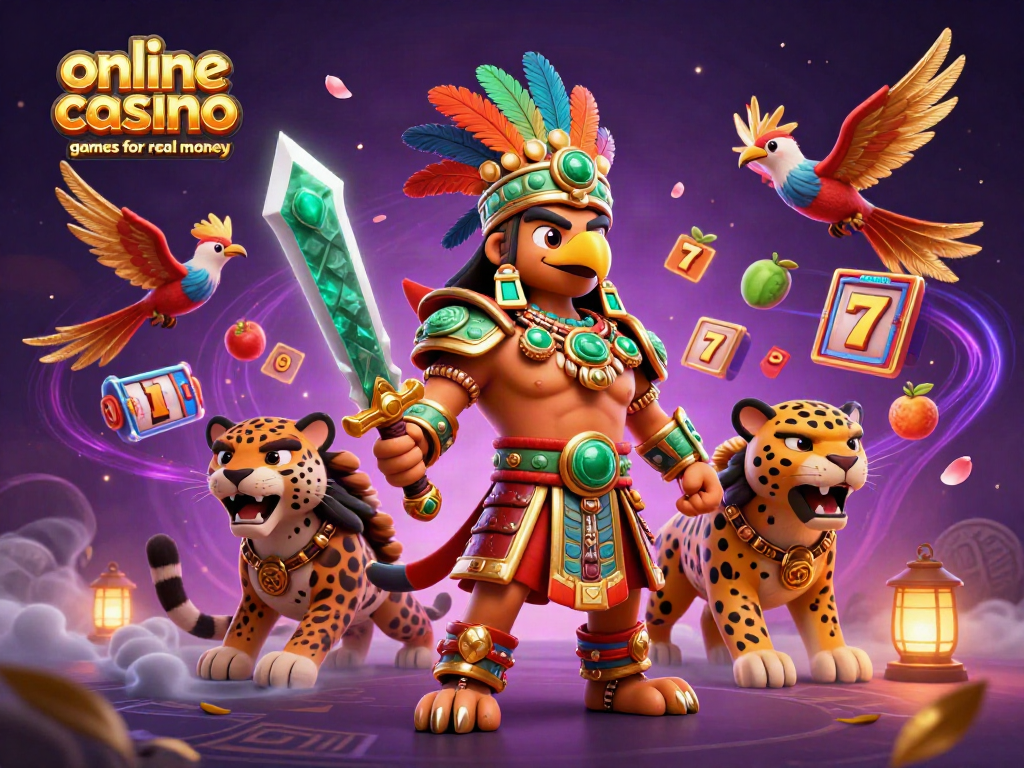 Engage with online casino games for real money featuring Aztec warriors, vibrant slot symbols, and a captivating atmosphere.