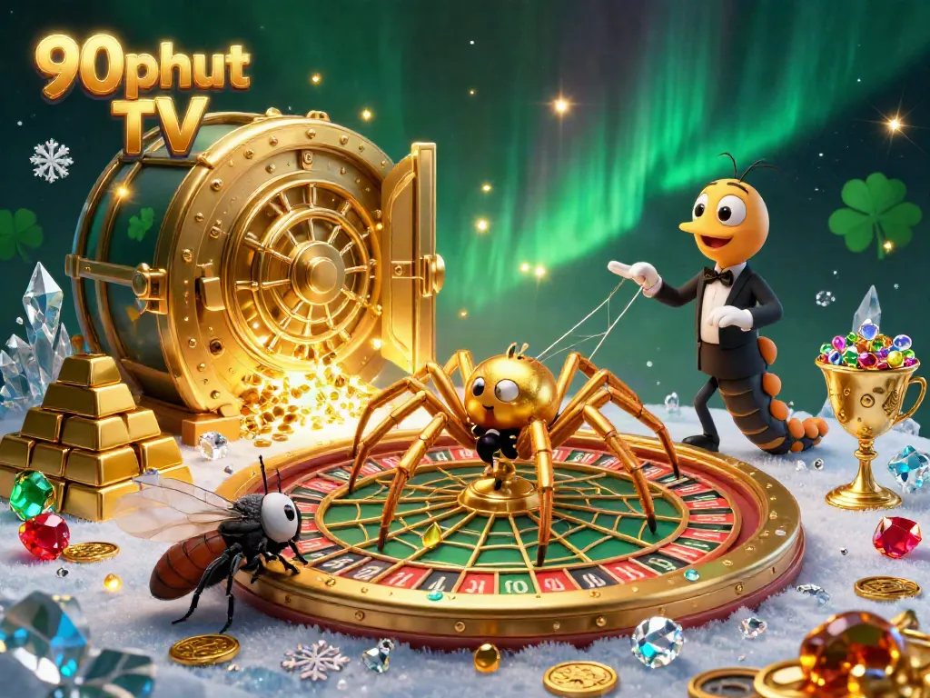 Experience dynamic betting action with 90phut TV in a vibrant 3D illustration showcasing a golden spider, fly, and centipede dealer.