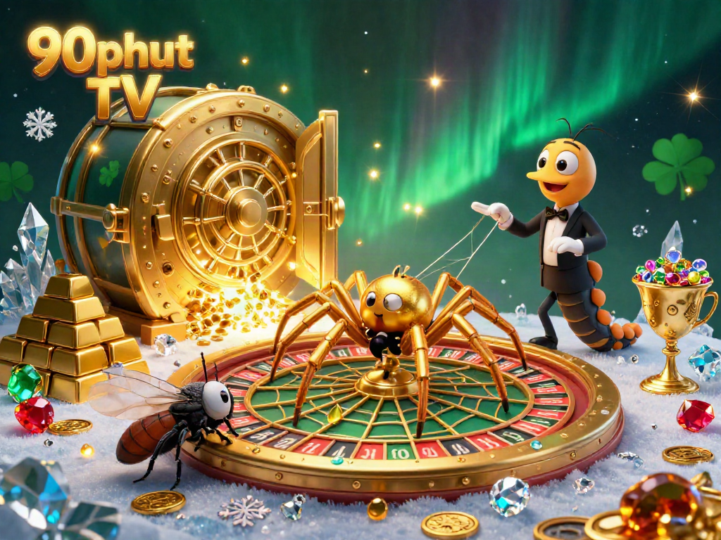 Experience dynamic betting action with 90phut TV in a vibrant 3D illustration showcasing a golden spider, fly, and centipede dealer.