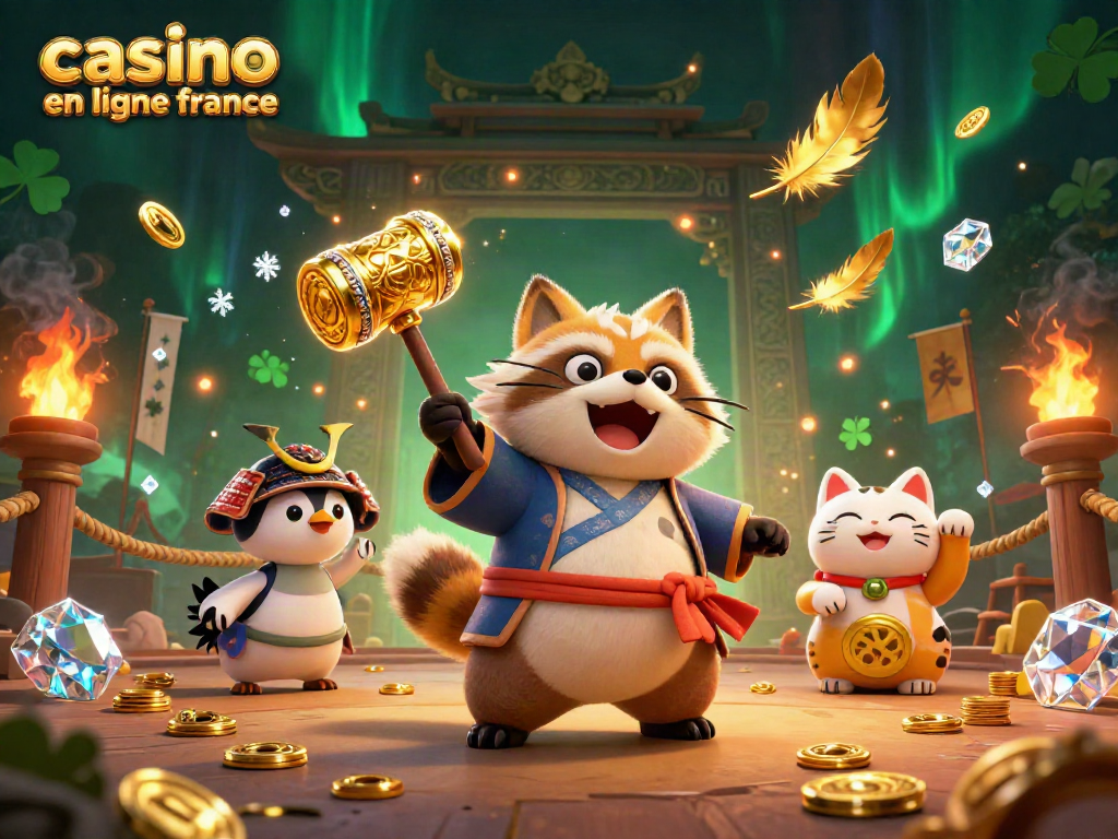 Découvrez le monde des jeux à "casino en ligne en France" avec un tanuki chanceux et des maneki-neko.