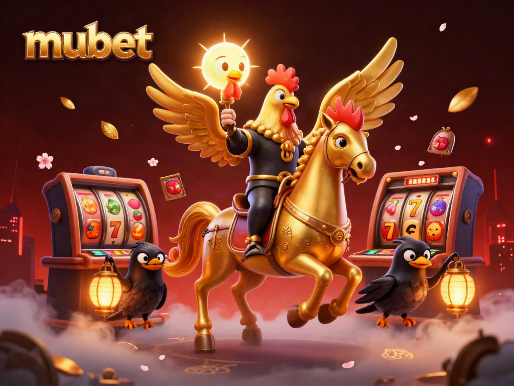 Join the thrilling action with mubet: Golden rooster champion rides through a vibrant casino atmosphere.