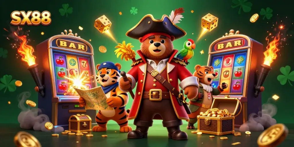 Experience the excitement of SX88 with a treasure-filled casino adventure featuring vibrant characters and dynamic game elements.