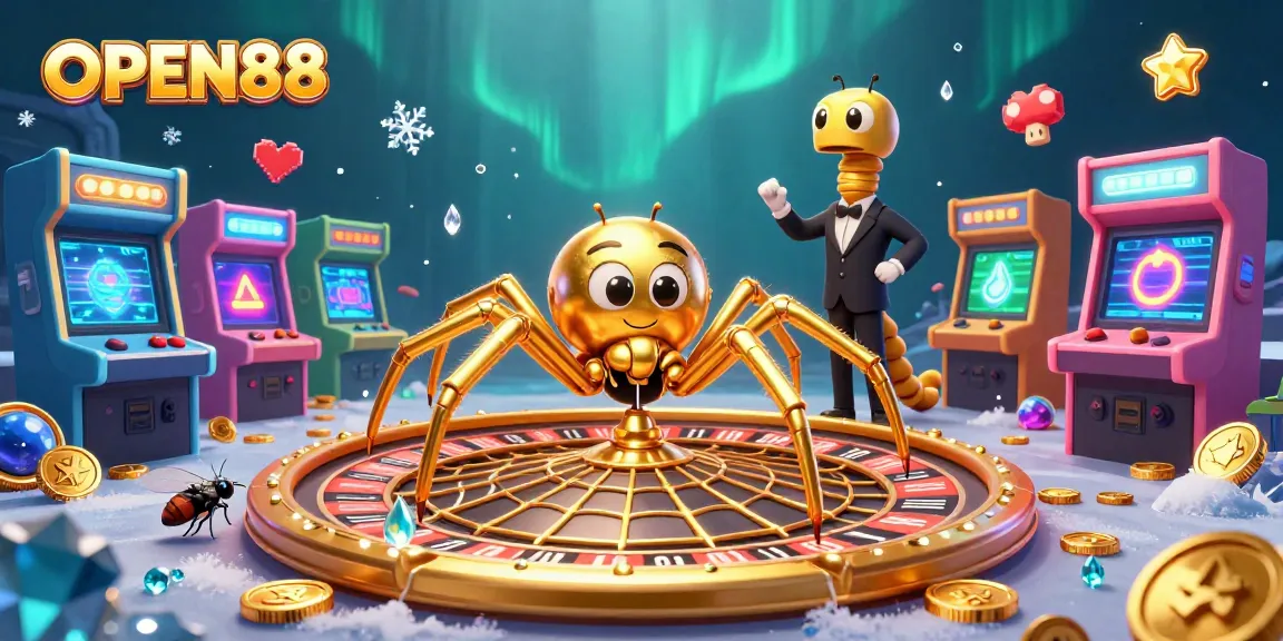 Bet on OPEN88's exciting roulette wheel with a golden spider and centipede dealer in a vibrant casino scene.