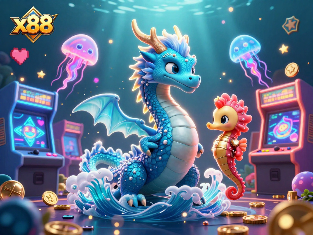 Engage with x88's thrilling casino features through vibrant 3D gaming elements including dragons and knights.