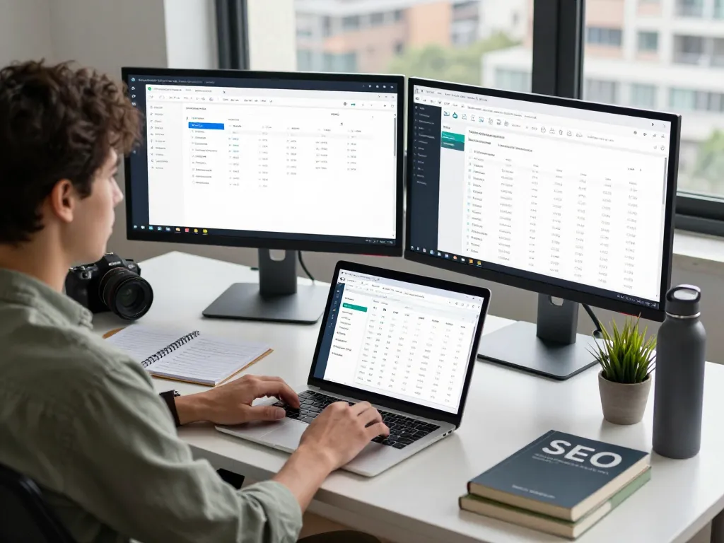 A digital marketer using group buy SEO tools in a modern workspace, showcasing productivity with analytics dashboards and keyword research on dual monitors.