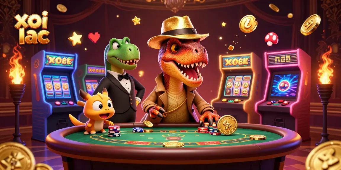 Xoi lac showcases a clever velociraptor at a blackjack table, sneaking chips with a dynamic casino backdrop.