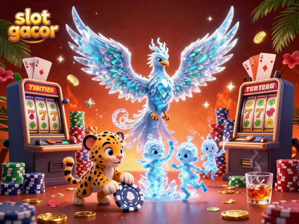 Spin and win with vibrant slot gacor themed illustration filled with a playful phoenix and snow leopard cub.