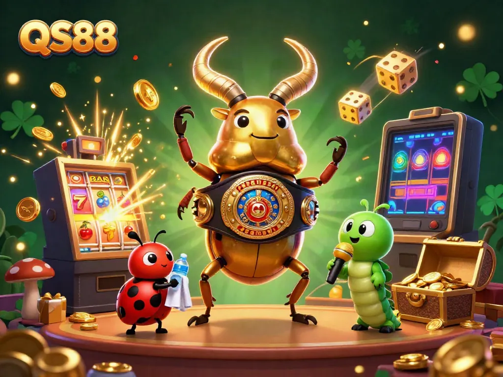 Experience the excitement at QS88 with a golden stag beetle champion amidst vibrant casino elements.