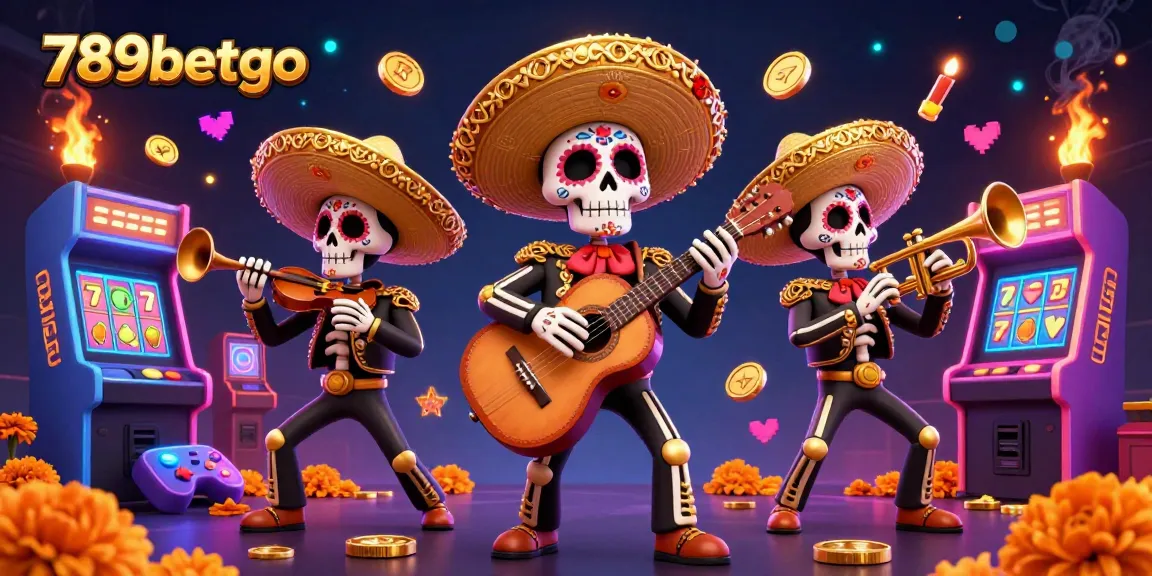 Engage in the vibrant world of 789betgo with a dynamic 3D illustration featuring festive skeleton mariachi musicians amidst casino themes.