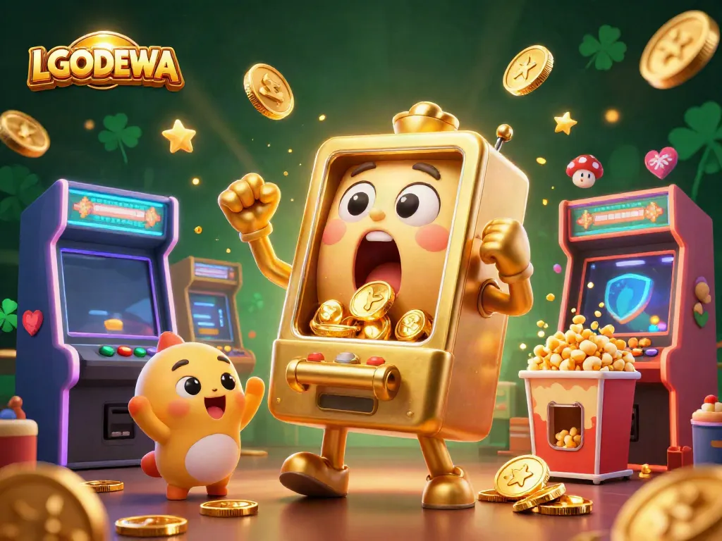 Experience the excitement of LGODEWA as a golden slot machine celebrates its jackpot, coins flying in a vibrant casino scene.