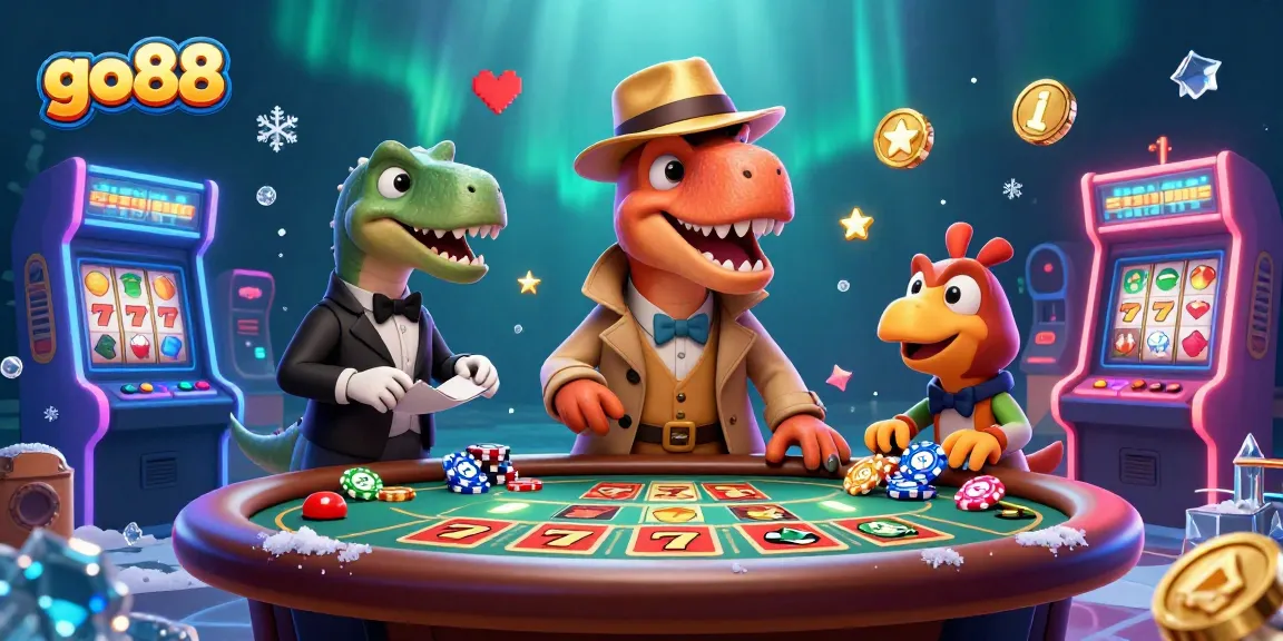 Win big at go88 with a cartoon velociraptor card counter sneaking chips at a vibrant casino table.