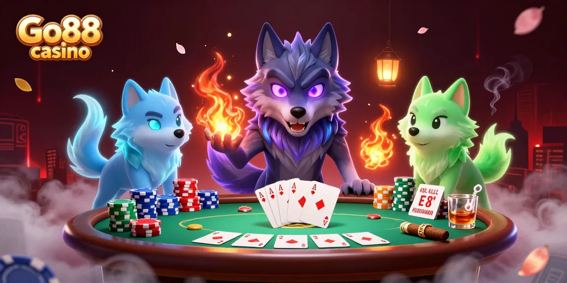 Experience the thrill of Go88 casino with a shadow wolf pack leading an energetic poker scene.