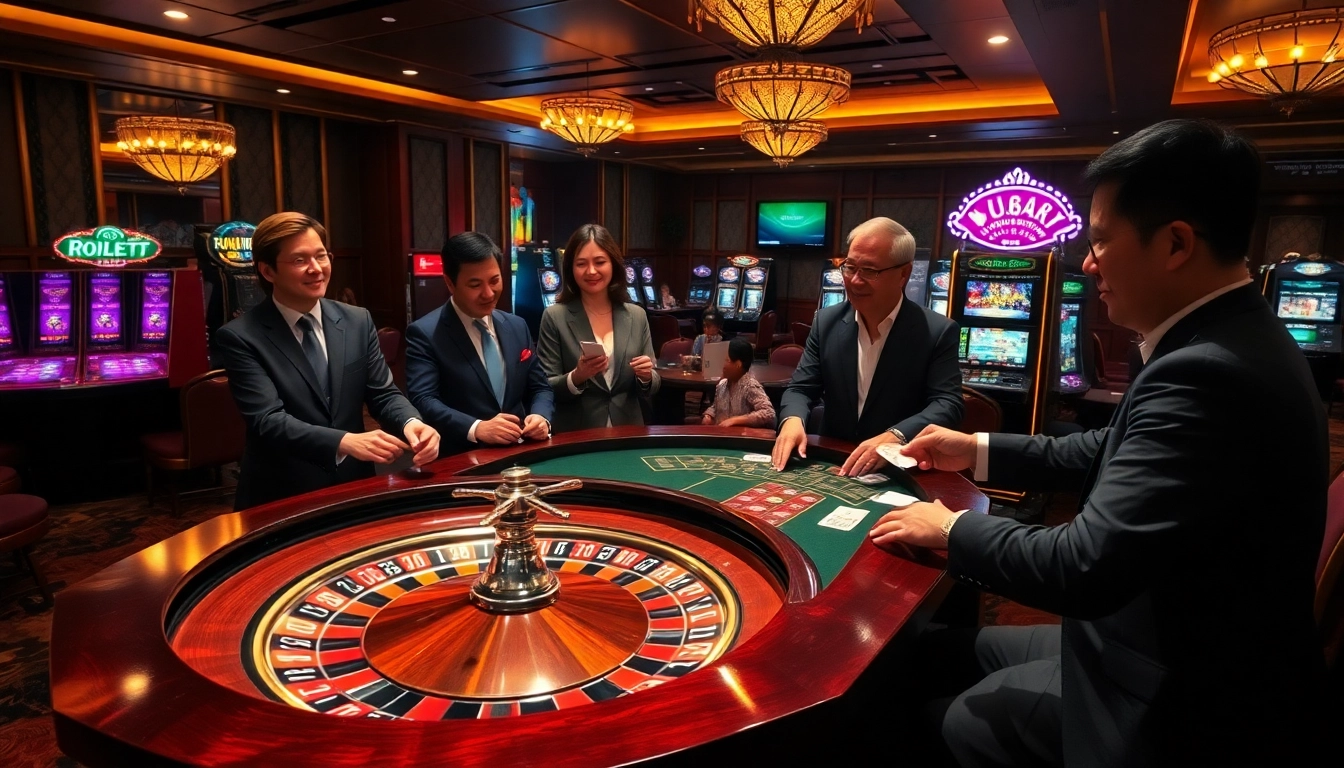 Players enjoying a vibrant luxury casino atmosphere at Nhà cái U888 with roulette and poker games.
