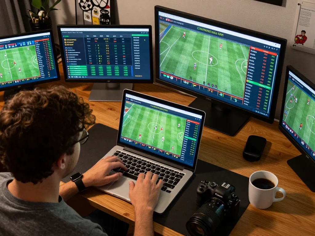 Analyzing lịch thi đấu bóng đá on a laptop while planning betting strategies in a cozy home office.