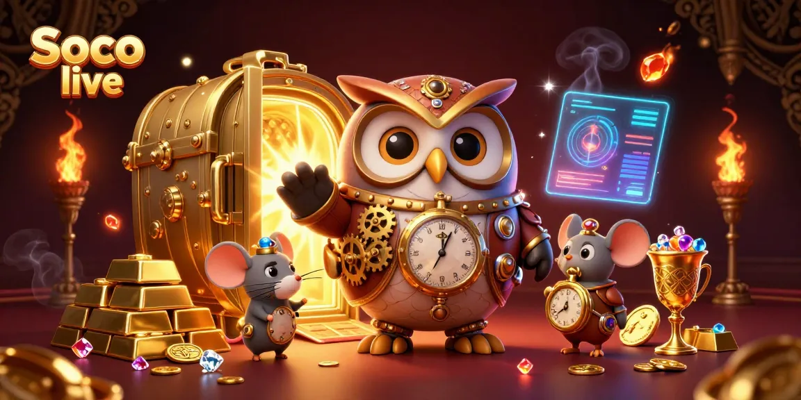 Soco live captivates with a vibrant 3D scene featuring a time-traveler owl amidst dynamic casino elements.