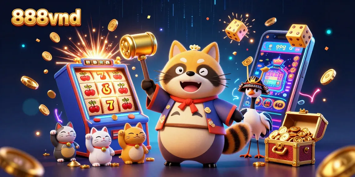 Join the excitement at 888vnd with a vibrant casino scene featuring a lucky tanuki and festive symbols.