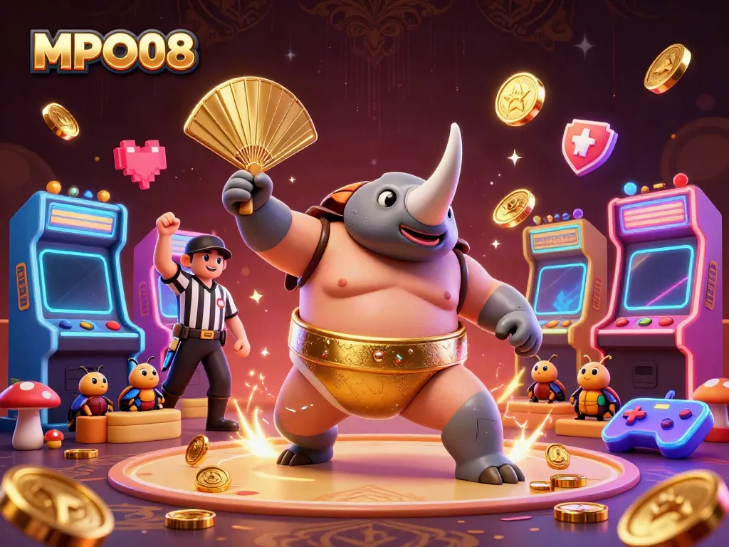 MPO08 interactive casino scene featuring a beetle champion and arcade game elements, symbolizing gaming excitement.