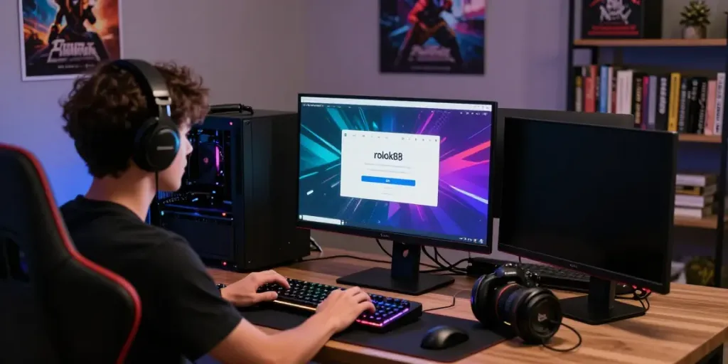 Engaging home office scene showcasing rokok88 link login on a gaming setup.