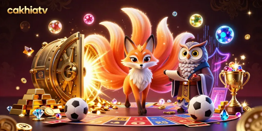 Cakhiatv offers sports betting excitement featuring rich 3D art with vibrant gems, fox spirit, and treasures.