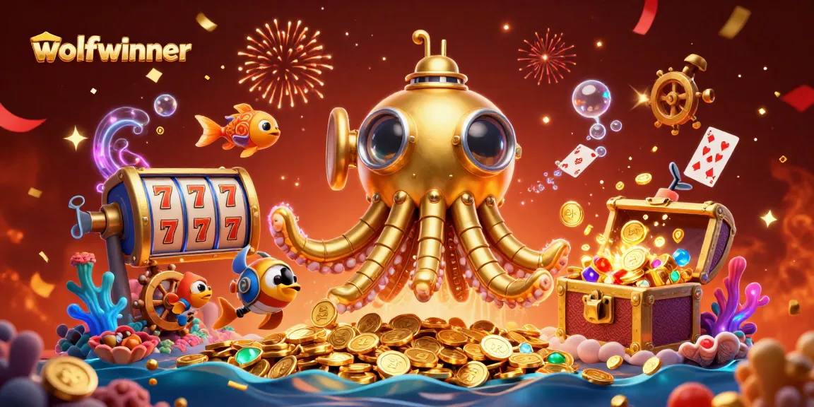 Experience thrilling gameplay with wolfwinner, depicting a vibrant 3D scene of a kraken submarine amid a gold coin sea.