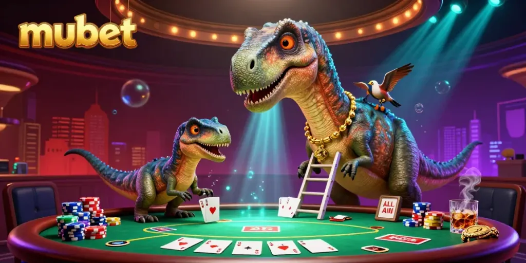 Experience the lively action at mubet's poker table with a brontosaurus and raptor in a vibrant casino.