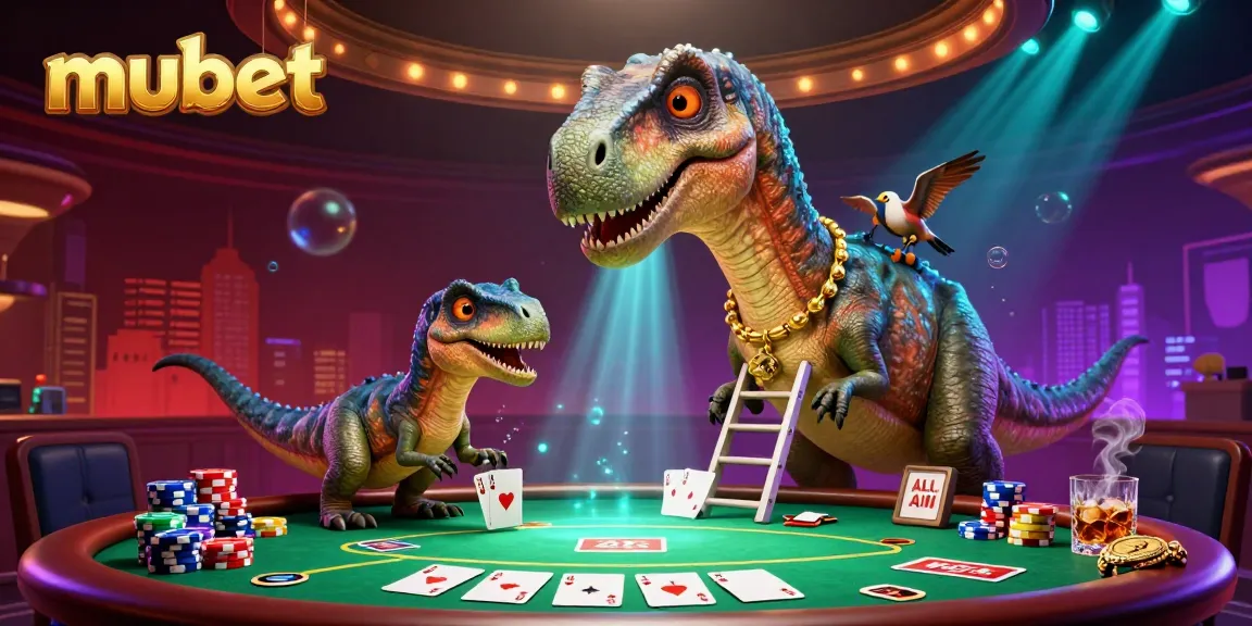 Experience the lively action at mubet's poker table with a brontosaurus and raptor in a vibrant casino.