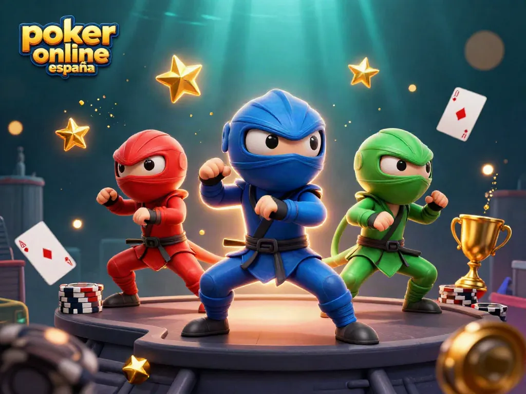 Descubre póker online España con un equipo de camaleones ninja en acción, rodeados de fichas y mesas.