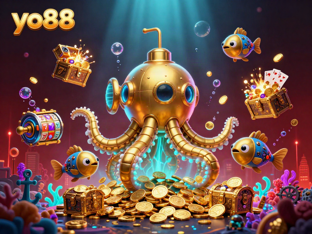 Win exciting prizes at yo88 with a vibrant underwater casino scene featuring slot reels and golden treasures.