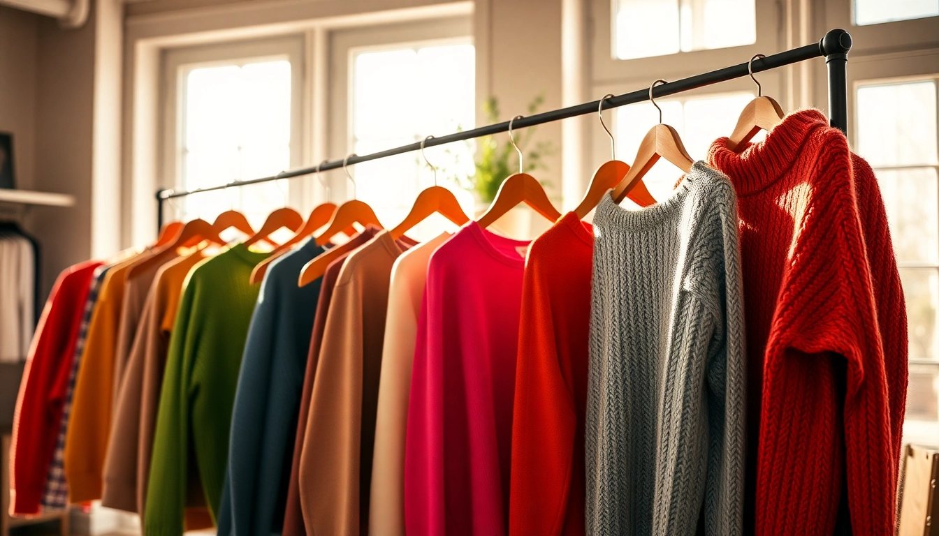 Stylish jumpers on display in a boutique with inviting natural light.