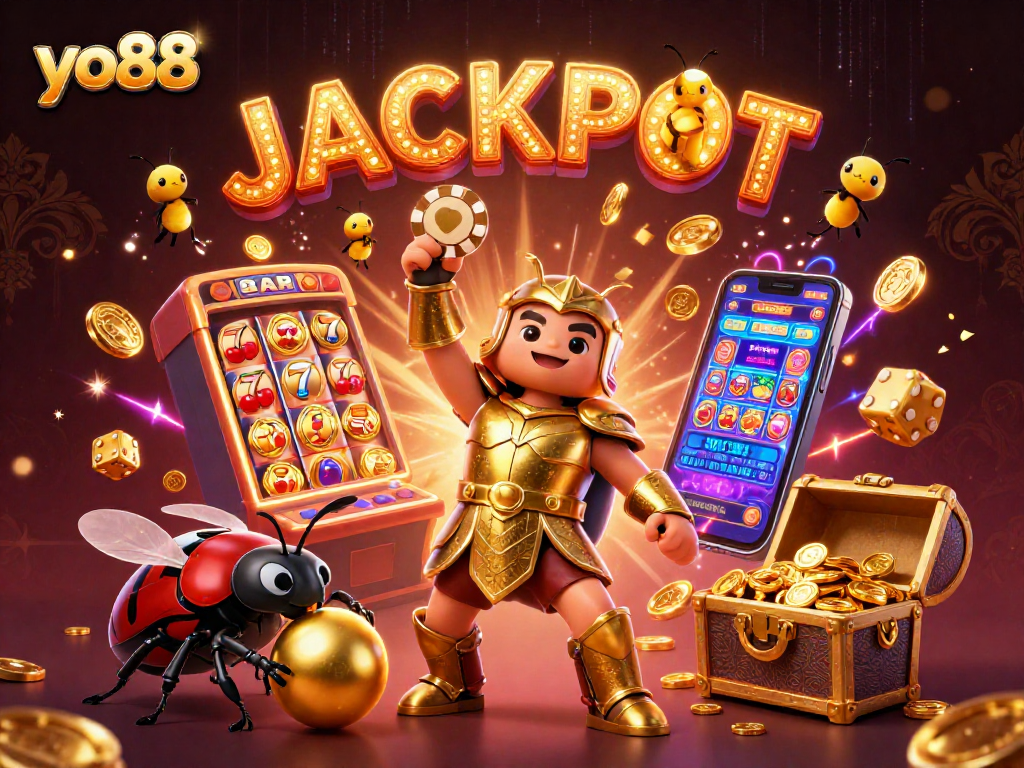 Experience the thrill at yo88 with a vibrant 3D illustration of winning jackpots and exciting casino elements.