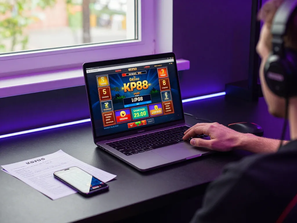 Engaging in KP88 online casino gaming with a laptop and betting notes in a stylish home setup.