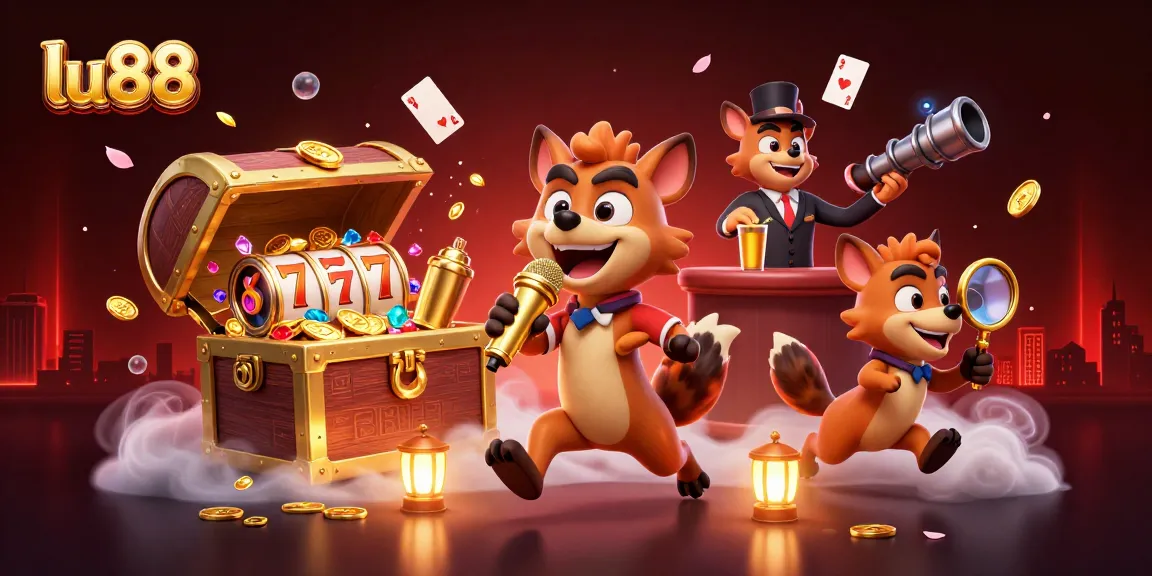 Experience the immersive world of lu88 with lively hyena characters in a vibrant casino setting, showcasing slot elements.