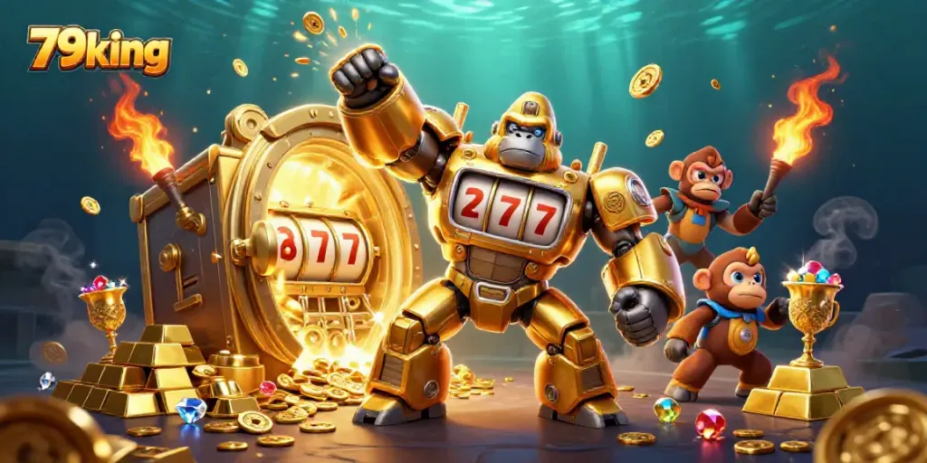 Experience high-action gaming at 79king with an explosive visual of a golden gorilla mech amidst treasure.